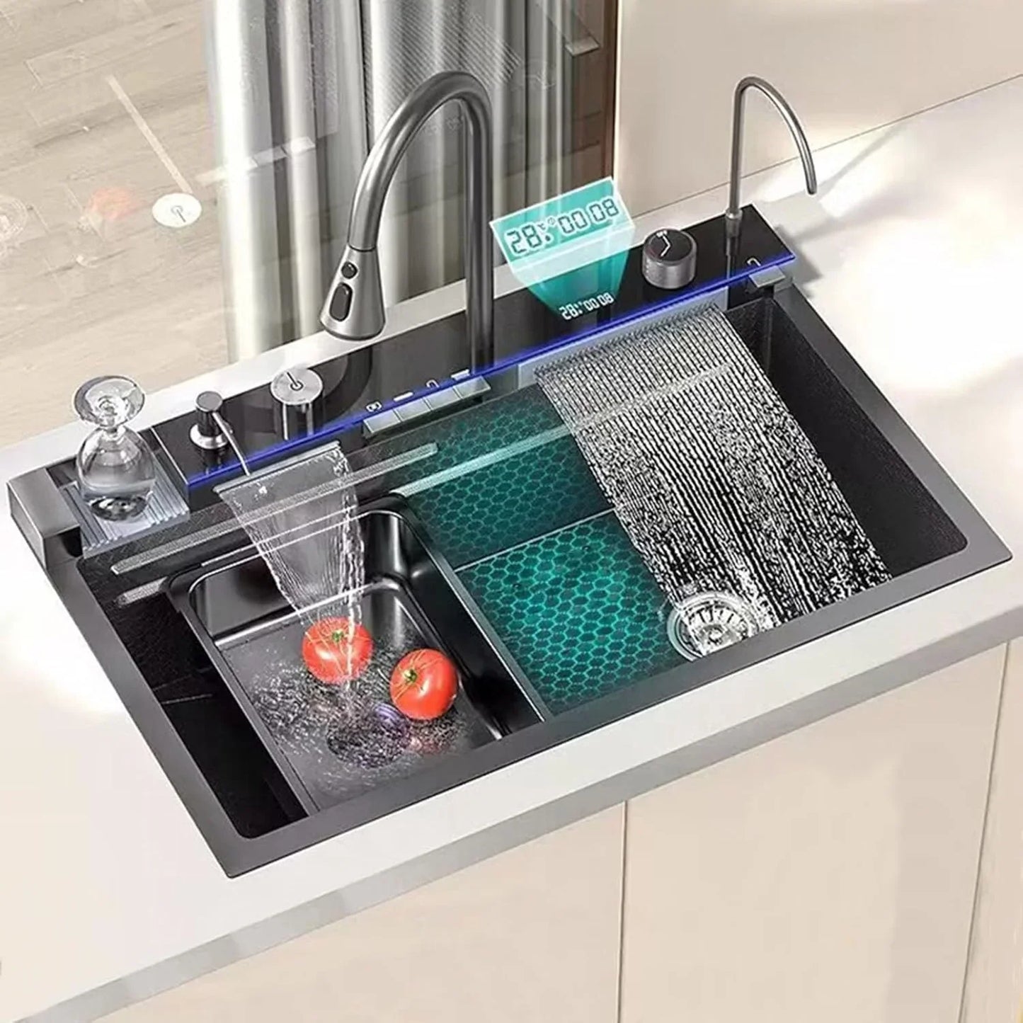 Chiuvetă Multifuncțională cu 2 Cascade • Negru Grafit • 750 × 460 mm