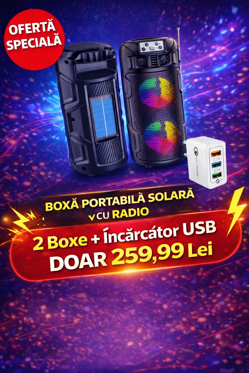2 Boxe Portabile Solare cu Radio + Încărcător USB