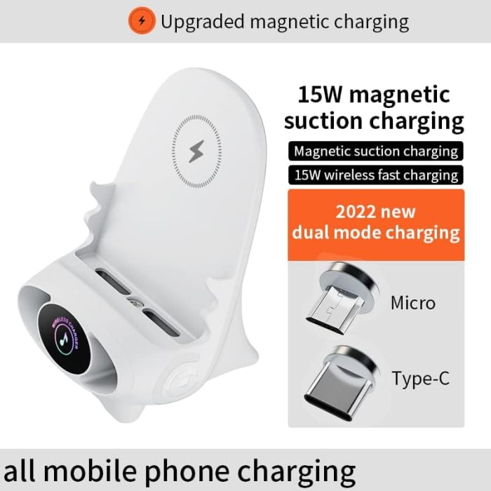 Suport Telefon Multifuncțional cu Încărcare Rapidă Wireless 15W – Mini Stație cu Difuzor și Design Modern