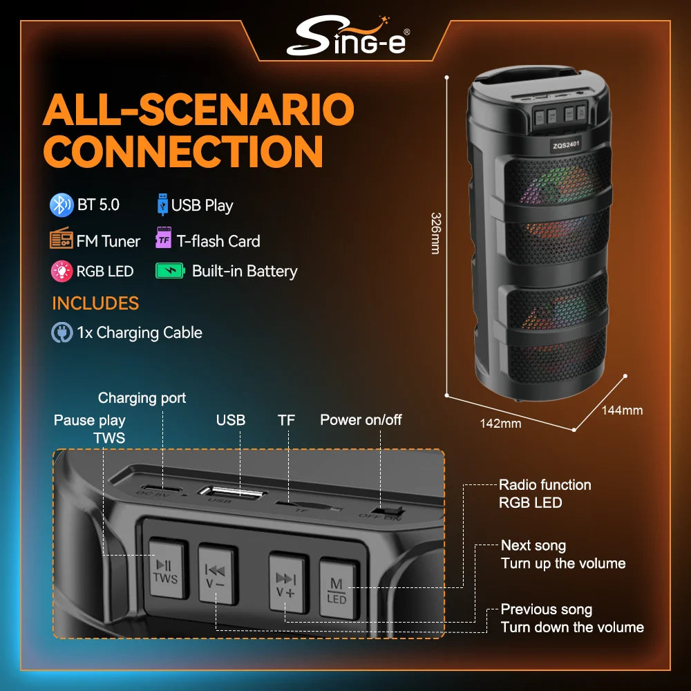 Boxă Portabilă Bluetooth ZQS-2401, 4 Inch, 50W, cu Iluminare RGB, Redare USB/TF/FM, Acumulator 1500 mAh