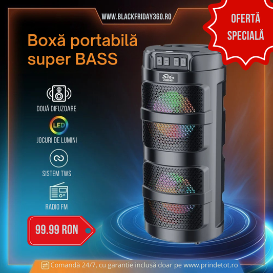 Boxă Portabilă Bluetooth ZQS-2401, 4 Inch, 50W, cu Iluminare RGB, Redare USB/TF/FM, Acumulator 1500 mAh