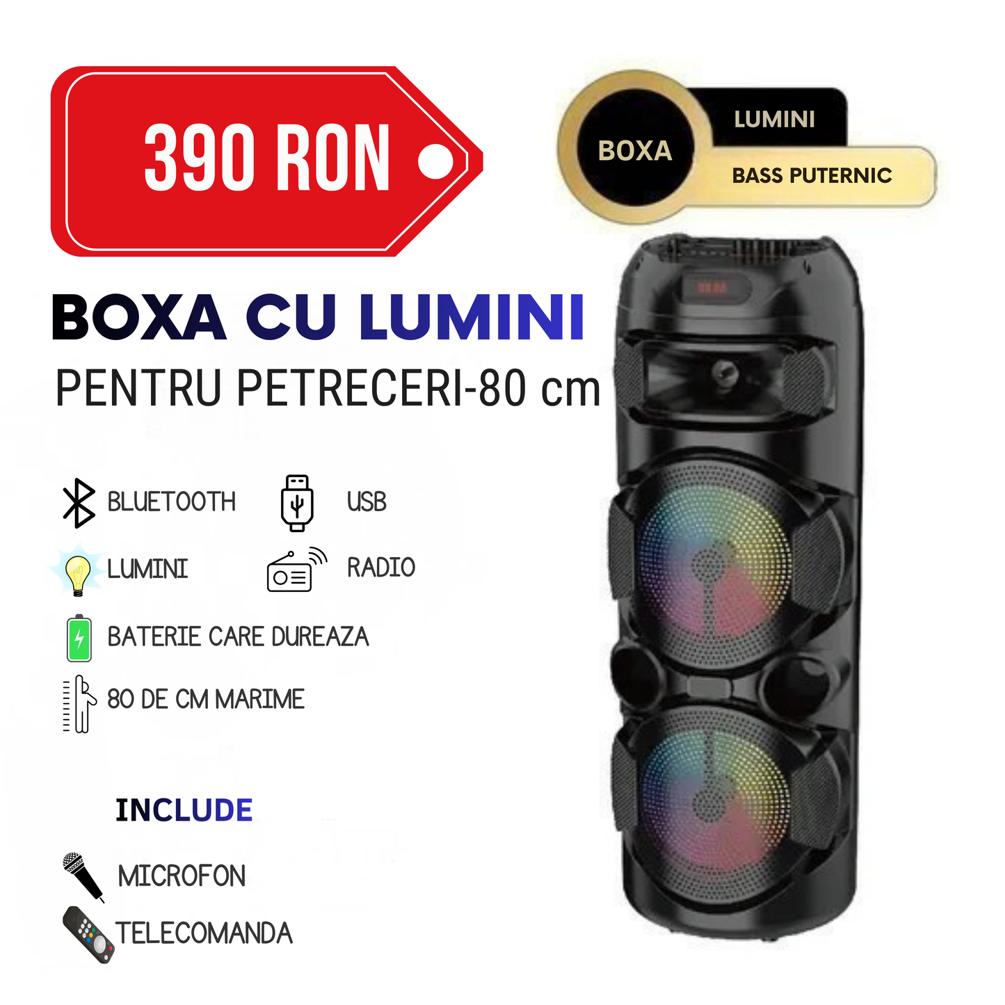 Boxă Portabilă ZQS8220s – Difuzor 8 Inch, 40W RMS / 100W PMPO, Bluetooth, Ecran Digital