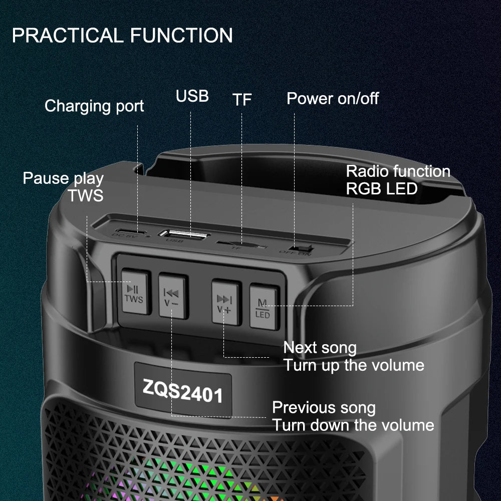 Boxă Portabilă Bluetooth ZQS2401 – 8W, Lumină LED, BT/USB/TF/FM, Baterie 800mAh