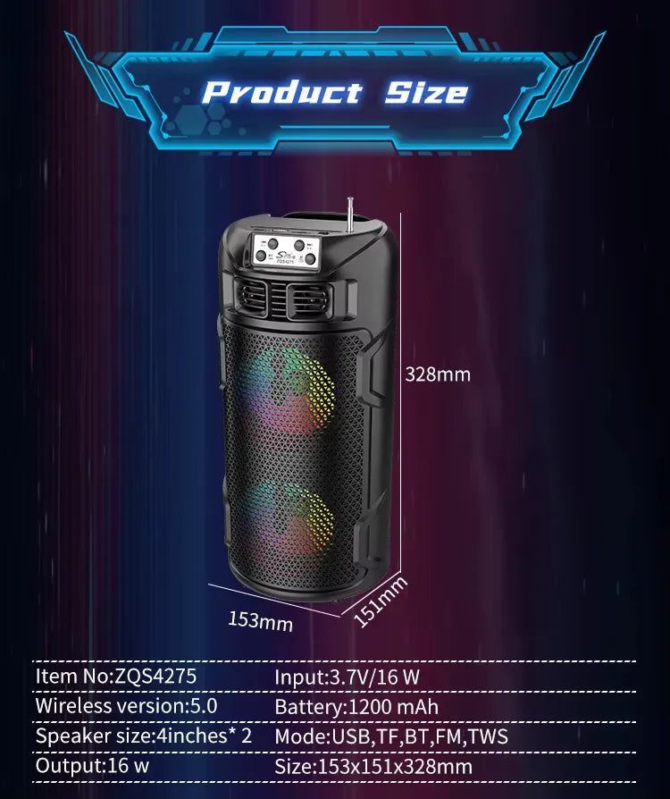 Boxă Wireless ZQS4275 – Bluetooth, Radio FM, USB/TF, TWS, Iluminare LED, Încărcare Solară, Antenă Externă, Fără Telecomanda