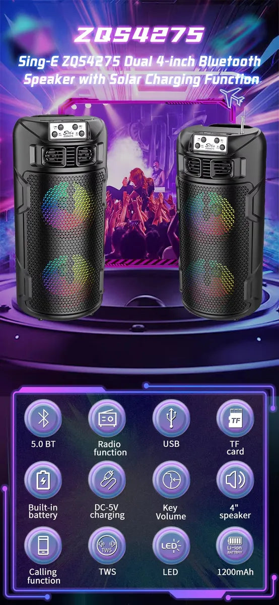 Boxă Wireless ZQS4275 – Bluetooth, Radio FM, USB/TF, TWS, Iluminare LED, Încărcare Solară, Antenă Externă, Fără Telecomanda