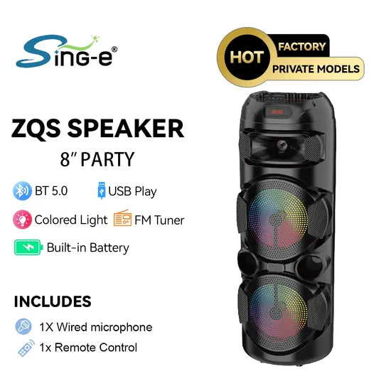 Boxă Portabilă ZQS8220s – Difuzor 8 Inch, 40W RMS / 100W PMPO, Bluetooth, Ecran Digital