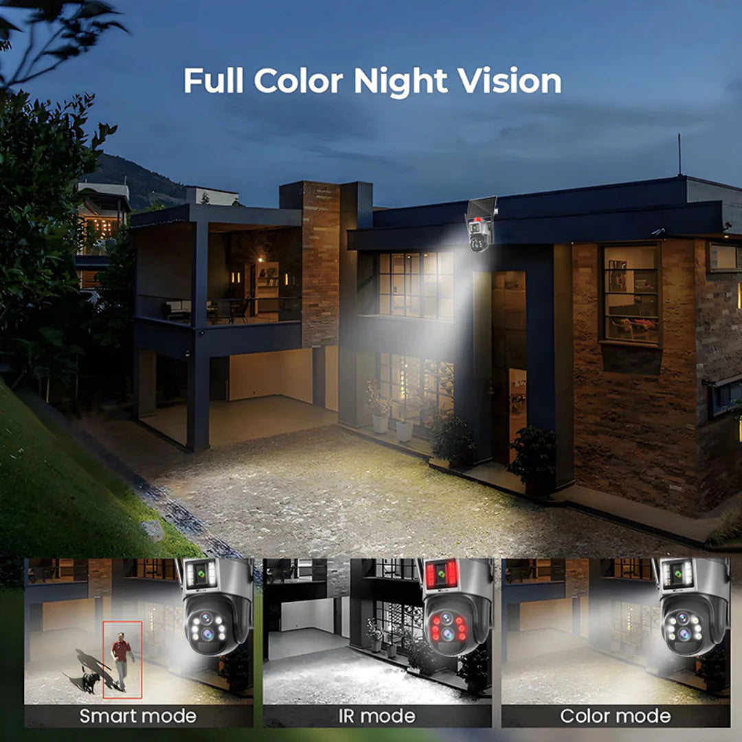 Cameră de Supraveghere Solară 4G cu 2 Lentile și Rotire 360°, Rezoluție 2K Ultra HD, Viziune Nocturnă Color, Detecție Mișcare, Audio Bidirecțional și Avertizare Luminoasă