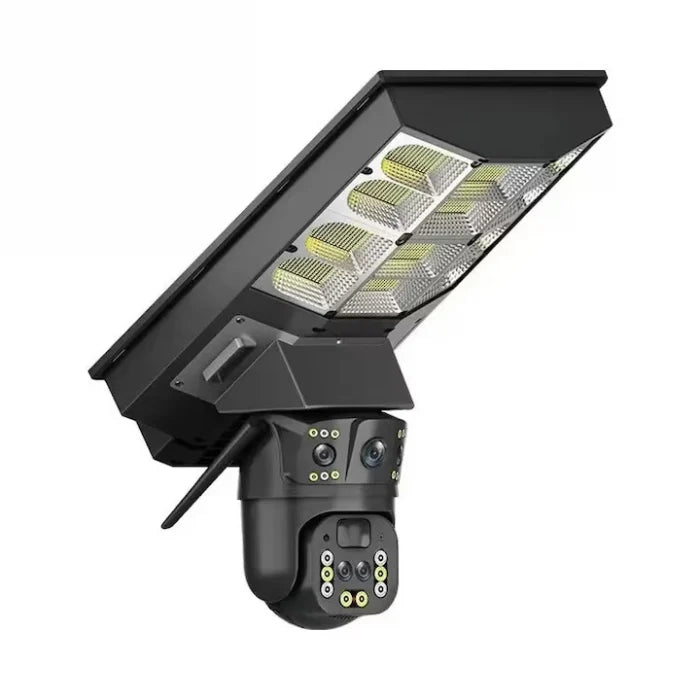 Cameră de supraveghere solară triplă V380 cu proiector 450W, 16MP, zoom 10x, detectare și urmărire umană, audio bidirecțional, IP68