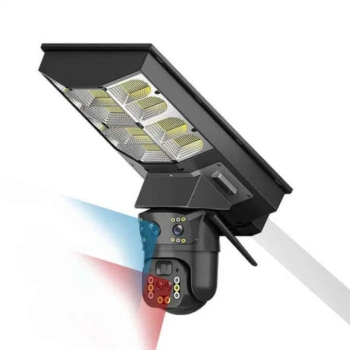 Cameră de supraveghere solară triplă V380 cu proiector 450W, 16MP, zoom 10x, detectare și urmărire umană, audio bidirecțional, IP68