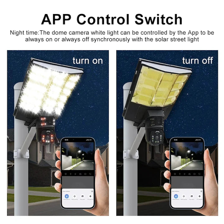 Cameră de supraveghere solară triplă V380 cu proiector 450W, 16MP, zoom 10x, detectare și urmărire umană, audio bidirecțional, IP68