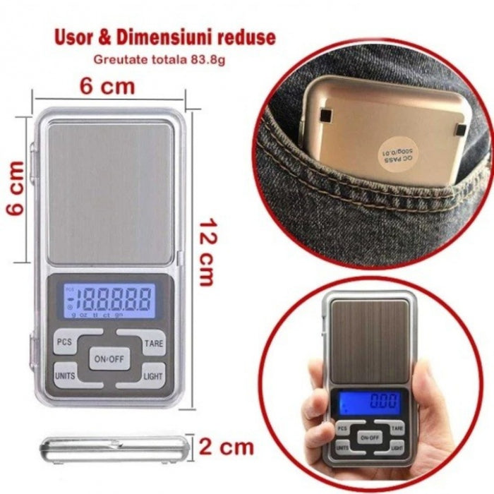 Cântar de Buzunar MH-500 – 500 g, Precizie 0,1 g, Funcție TARA, Design Compact Argintiu