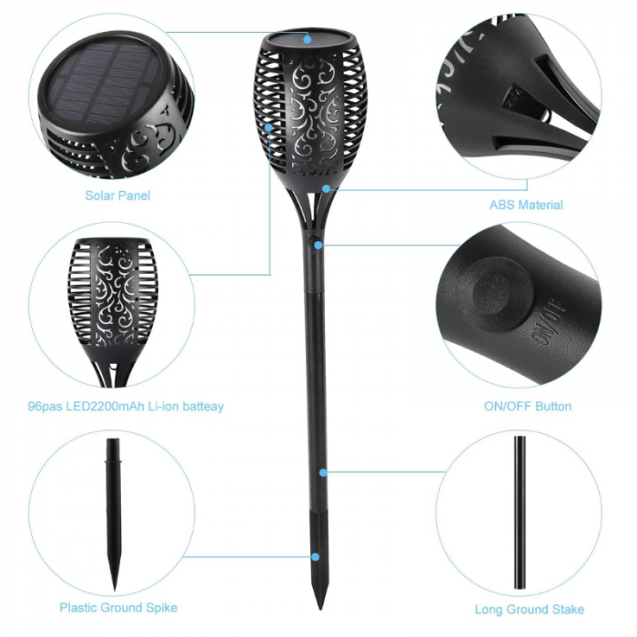 Set 4 lămpi - Lampă Solară cu Efect de Flacără, 33 LED-uri, 58 cm, Iluminat Decorativ pentru Grădină și Terasă