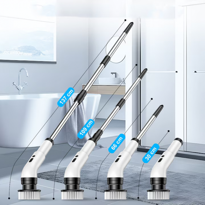 Perie Electrică Rotativă Multifuncțională cu 9 Capete, 2 Viteze și Mâner Extensibil 137 cm