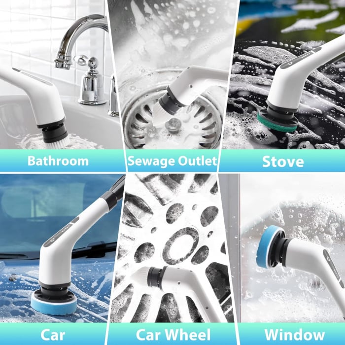 Perie Electrică Rotativă Multifuncțională cu 9 Capete, 2 Viteze și Mâner Extensibil 137 cm