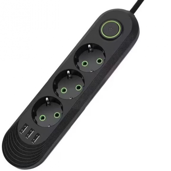 Priză Multiplă 3 Prize + 3 Porturi USB • Cablu 2 m • Negru
