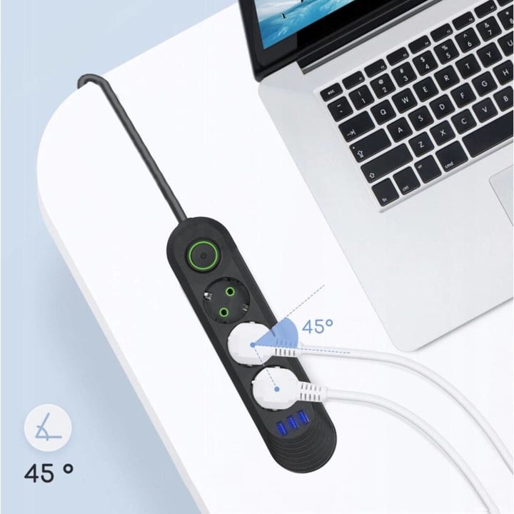 Priză Multiplă 3 Prize + 3 Porturi USB • Cablu 2 m • Negru