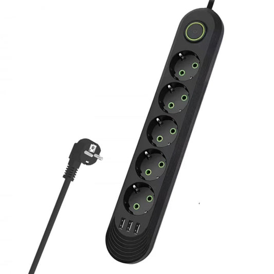 Priză Multiplă 5 Prize + 3 Porturi USB • Cablu 5 m • Negru