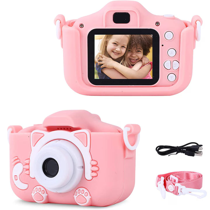 Cameră Foto Digitală pentru Copii Kitty, Dual Camera, Card 4GB, 1440/1080p, Roz