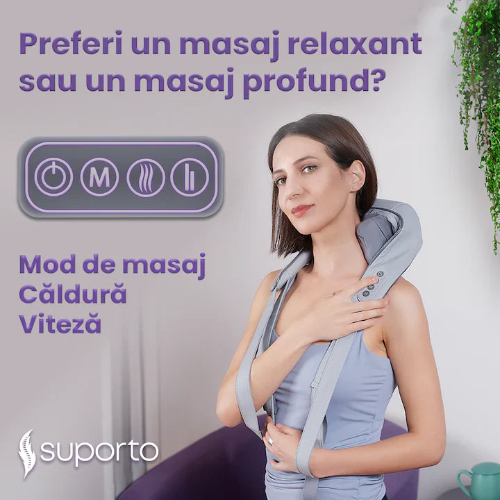 Aparat de Masaj Cervical Hands-Free Suporto 5D, cu Funcție de Încălzire, Intensitate Reglabilă și Rola Shiatsu pentru Gât, Umeri și Spate – Gri