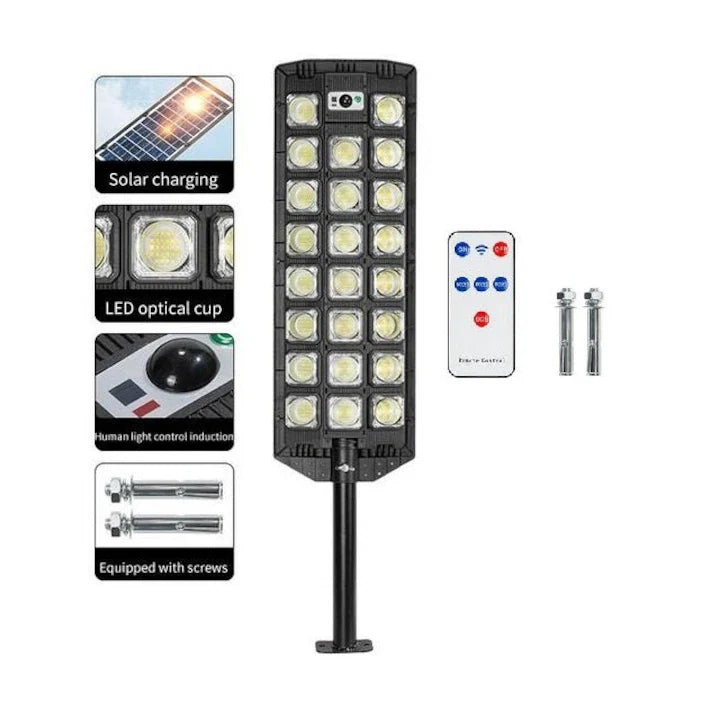 Lampă Solară Stradală cu 23 LED COB, Senzor de Mișcare, Telecomandă și Protecție IP65, Negru
