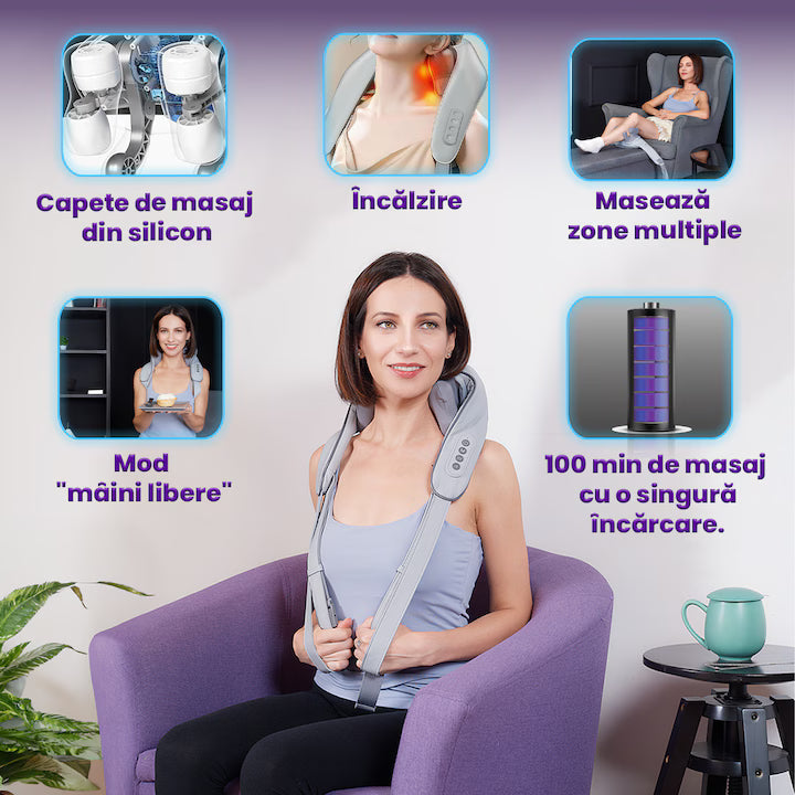 Aparat de Masaj Cervical Hands-Free Suporto 5D, cu Funcție de Încălzire, Intensitate Reglabilă și Rola Shiatsu pentru Gât, Umeri și Spate – Gri